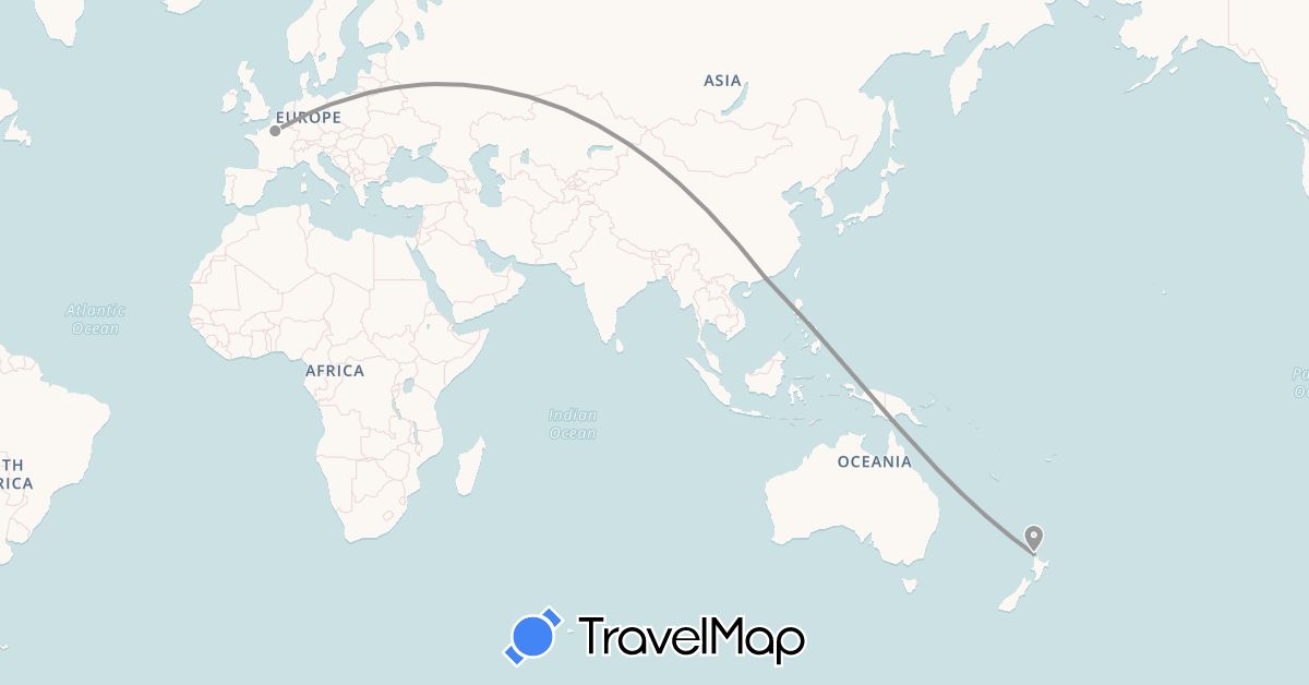 TravelMap itinerary: driving, plane in France, Hong Kong, New Zealand (Asia, Europe, Oceania)